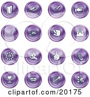 Poster, Art Print Of Collection Of Purple Icons Of A Door Tape Dispenser Tack Pencil Phone Champion Lightbulb Money Bag Piggy Bank Cell Phone Trophy Lips Chart And Plant
