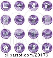 Poster, Art Print Of Collection Of Purple Icons Of A Polaroid News Cubes Padlock Www Search Book Alarm Clock Connectivity Messenger Speaker Calculator Home Blog And Joystick