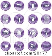 Poster, Art Print Of Collection Of Purple Icons Of Food And Kitchen Items On A White Background