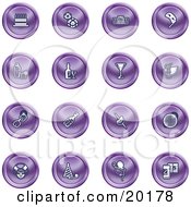 Clipart Illustration Of A Collection Of Purple Icons Of Gifts Radio Mask Alcohol Kebobs Disco Ball Clown Party Hats Balloons And Beer
