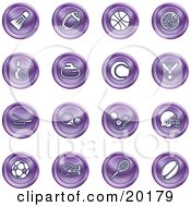 Collection Of Purple Athletics Icons Of A Badmitten Shuttlecock Football Basketball Golf Ball Bowling Curling Stone Tennis Medal Hockey Ping Pong Billiards Football Helmet Soccer Ball Boxing And Rugby