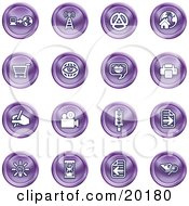 Clipart Illustration Of A Collection Of Purple Icons Of A Communications Tower Www Home Page Shopping Cart Messenger Printer Camera Street Light Lightbulb Hourglass And Search