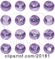 Collection Of Purple Icons Of A Magnifying Glass Cash Register Flashlight Internet Film Upload Download Home Page And Connectivity