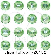 Clipart Illustration Of A Collection Of Green Icons Of A Skull Pistol Poison Scales Magnifying Glass Knife Police Badge Candlestick Prisoner Syringe Sheriff Badge Pills Handcuffs And A Noose