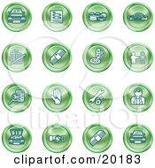 Poster, Art Print Of Collection Of Green Icons Of Cars A Log Cash Lemon Dealer Ads Key Wrench Engine Handshake And Money