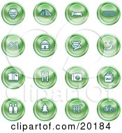 Collection Of Green Icons Of A Hotel Road By Train Tracks Bed Bus Wine Glasses Tickets Moon Luggage Diner Camera Shopping Restrooms Tree Shopping Carts And Bicycle