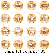 Collection Of Orange Icons Of Food And Kitchen Items On A White Background