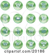 Collection Of Green Icons Of Security Symbols On A White Background