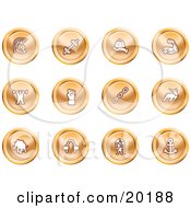 Clipart Illustration Of A Collection Of Orange Strength Icons Of A Weightlifter Man Carrying A Globe Fist Muscles Weights Helmet Elephant Anchor Links And Bull On A White Background