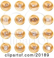 Poster, Art Print Of Collection Of Orange Icons Of A Magnifying Glass Cash Register Flashlight Internet Film Upload Download Home Page And Connectivity