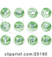 Clipart Illustration Of A Collection Of Green Icons Of A Winner Laurel Victory Thumbs Up Number 1 Handshake Medal Trophy Champagne Racing Flag And Wine