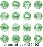 Collection Of Green Athletics Icons Of A Badmitten Shuttlecock Football Basketball Golf Ball Bowling Curling Stone Tennis Medal Hockey Ping Pong Billiards Football Helmet Soccer Ball Boxing And Rugby
