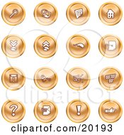 Poster, Art Print Of Collection Of Orange Icons Of A Magnifying Glass Email Home Page Upload Download Mouse Key Disc Padlock Speaker Www Questionmark And Exclamation Point
