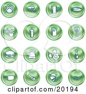 Collection Of Green Icons Of Food And Kitchen Items On A White Background