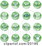 Collection Of Green Icons Of A Magnifying Glass Cash Register Flashlight Internet Film Upload Download Home Page And Connectivity