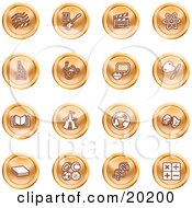 Poster, Art Print Of Collection Of Orange Icons Of Music Notes Guitar Clapperboard Atom Microscope Atoms Messenger Painting Book Circus Tent Globe Masks Sports Balls And Math