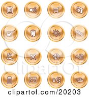 Poster, Art Print Of Collection Of Orange Icons Of A Calendar Cables Shopping Cart Camera Check Mark Fortress News Trash Can Chart Networking And Information