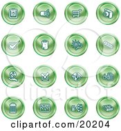 Poster, Art Print Of Collection Of Green Icons Of A Calendar Cables Shopping Cart Camera Check Mark Fortress News Trash Can Chart Networking And Information