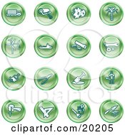 Collection Of Green Icons Of A Big Rig Paint Roller Cogs Oil Turbines Ship Saw Wrench Pliers Shovel Hammer Gardening And Brick Laying