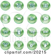 Collection Of Green Icons Of A Bomb Computer Letter Magnifying Glass Book Film Cogs Eye Door Flashlight Messenger Padlocks And Reminder