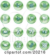 Poster, Art Print Of Collection Of Green Icons Of Music Notes Guitar Clapperboard Atom Microscope Atoms Messenger Painting Book Circus Tent Globe Masks Sports Balls And Math