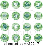 Poster, Art Print Of Collection Of Green Food Icons Of A Martini Pigs Fish Juice Kebobs Corn Wine Beer Chicken Breakfast Fruit Bread Meal Burger And Cheese