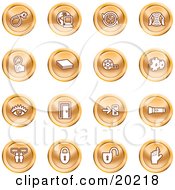 Poster, Art Print Of Collection Of Orange Icons Of A Bomb Computer Letter Magnifying Glass Book Film Cogs Eye Door Flashlight Messenger Padlocks And Reminder