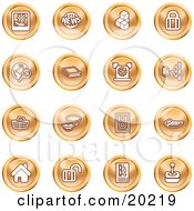 Clipart Illustration Of A Collection Of Orange Icons Of A Polaroid News Cubes Padlock Www Search Book Alarm Clock Connectivity Messenger Speaker Calculator Home Blog And Joystick