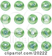Poster, Art Print Of Collection Of Green Icons Of A Door Tape Dispenser Tack Pencil Phone Champion Lightbulb Money Bag Piggy Bank Cell Phone Trophy Lips Chart And Plant