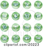 Clipart Illustration Of A Collection Of Green Entertainment Icons Of A Microphone Disc Upload Download Credit Card Computer Telephone Spider Searching Key Faq Record Player Controller Home Typing And Email