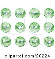 Clipart Illustration Of A Collection Of Green Speed Icons Of Email Runner Super Hero Rabbit Jet Bird Race Car Tire Lightning Bolt Rocket Cheetah And Sailboat