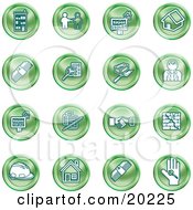 Collection Of Green Icons Of Apartments Handshake Real Estate House Money Classifieds Brick Laying Businessman Hardhat And A Key