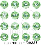 Collection Of Green Icons Of An Arrow Floppy Disc Padlock Mail Coffee Link Laptop Printer Shopping Cart Hourglass Computer Email Apple House Camera And Globe