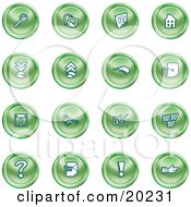 Collection Of Green Icons Of A Magnifying Glass Email Home Page Upload Download Mouse Key Disc Padlock Speaker Www Questionmark And Exclamation Point