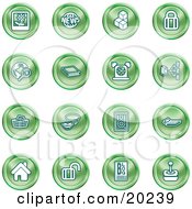 Poster, Art Print Of Collection Of Green Icons Of A Polaroid News Cubes Padlock Www Search Book Alarm Clock Connectivity Messenger Speaker Calculator Home Blog And Joystick