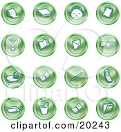 Poster, Art Print Of Collection Of Green Icons Of A Cash Register Book Customer Service Medal Envelope Handshake Pie Chart Pen Cell Phone Credit Card And Folder