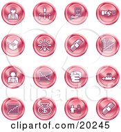 Clipart Illustration Of A Collection Of Red Business Icons Of Business People Management Hand Shake Lightbulb Cash Charts And Money Bags