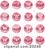 Collection Of Red Icons Of A Hotel Road By Train Tracks Bed Bus Wine Glasses Tickets Moon Luggage Diner Camera Shopping Restrooms Tree Shopping Carts And Bicycle