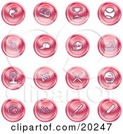 Clipart Illustration Of A Collection Of Red Fishing Hockey Trophy Baseball Golfing Racing Ice Skating Skiing Cricket And Cycling Sports Icons