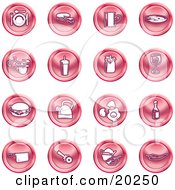 Clipart Illustration Of A Collection Of Red Icons Of Food And Kitchen Items On A White Background