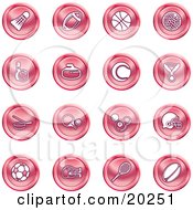 Clipart Illustration Of A Collection Of Red Athletics Icons Of A Badmitten Shuttlecock Football Basketball Golf Ball Bowling Curling Stone Tennis Medal Hockey Ping Pong Billiards Football Helmet Soccer Ball Boxing And Rugby by AtStockIllustration