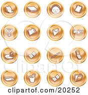 Clipart Illustration Of A Collection Of Orange Icons Of A Cash Register Book Customer Service Medal Envelope Handshake Pie Chart Pen Cell Phone Credit Card And Folder