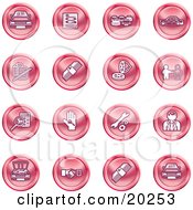 Poster, Art Print Of Collection Of Red Icons Of Cars A Log Cash Lemon Dealer Ads Key Wrench Engine Handshake And Money