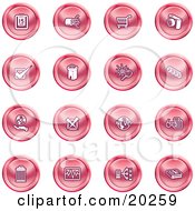 Clipart Illustration Of A Collection Of Red Icons Of A Calendar Cables Shopping Cart Camera Check Mark Fortress News Trash Can Chart Networking And Information by AtStockIllustration