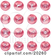 Collection Of Red Icons Of A Skull Pistol Poison Scales Magnifying Glass Knife Police Badge Candlestick Prisoner Syringe Sheriff Badge Pills Handcuffs And A Noose