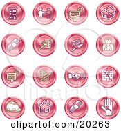 Clipart Illustration Of A Collection Of Red Icons Of Apartments Handshake Real Estate House Money Classifieds Brick Laying Businessman Hardhat And A Key