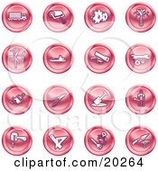 Clipart Illustration Of A Collection Of Red Icons Of A Big Rig Paint Roller Cogs Oil Turbines Ship Saw Wrench Pliers Shovel Hammer Gardening And Brick Laying