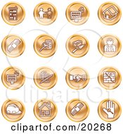Clipart Illustration Of A Collection Of Orange Icons Of Apartments Handshake Real Estate House Money Classifieds Brick Laying Businessman Hardhat And A Key