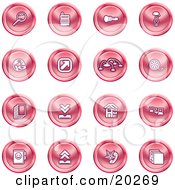 Poster, Art Print Of Collection Of Red Icons Of A Magnifying Glass Cash Register Flashlight Internet Film Upload Download Home Page And Connectivity