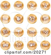 Clipart Illustration Of A Collection Of Orange Entertainment Icons Of A Microphone Disc Upload Download Credit Card Computer Telephone Spider Searching Key Faq Record Player Controller Home Typing And Email